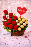 Red Roses Basket Arrangement with chocolate